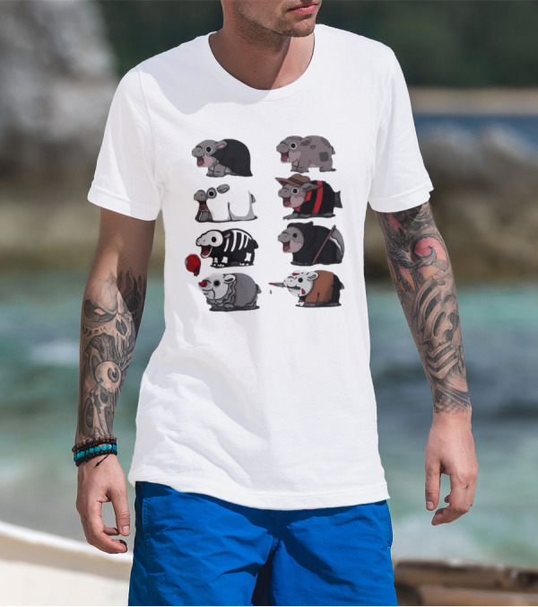 Scary Hippo Moo Deng In Horror Iconic Film Characters T-Shirt