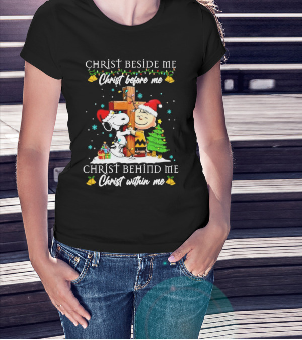 Charlie Brown Snoopy Christ Beside Me Before Me Behind Me Within Me Christmas Scene T-Shirt