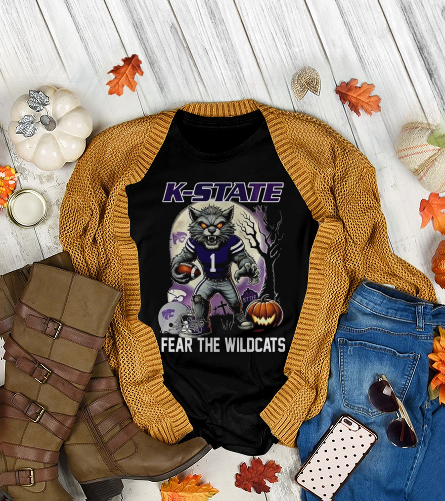 K-State Wildcats Halloween Football Fear the Wildcats With Ferocious Wolf and Pumpkin T-Shirt