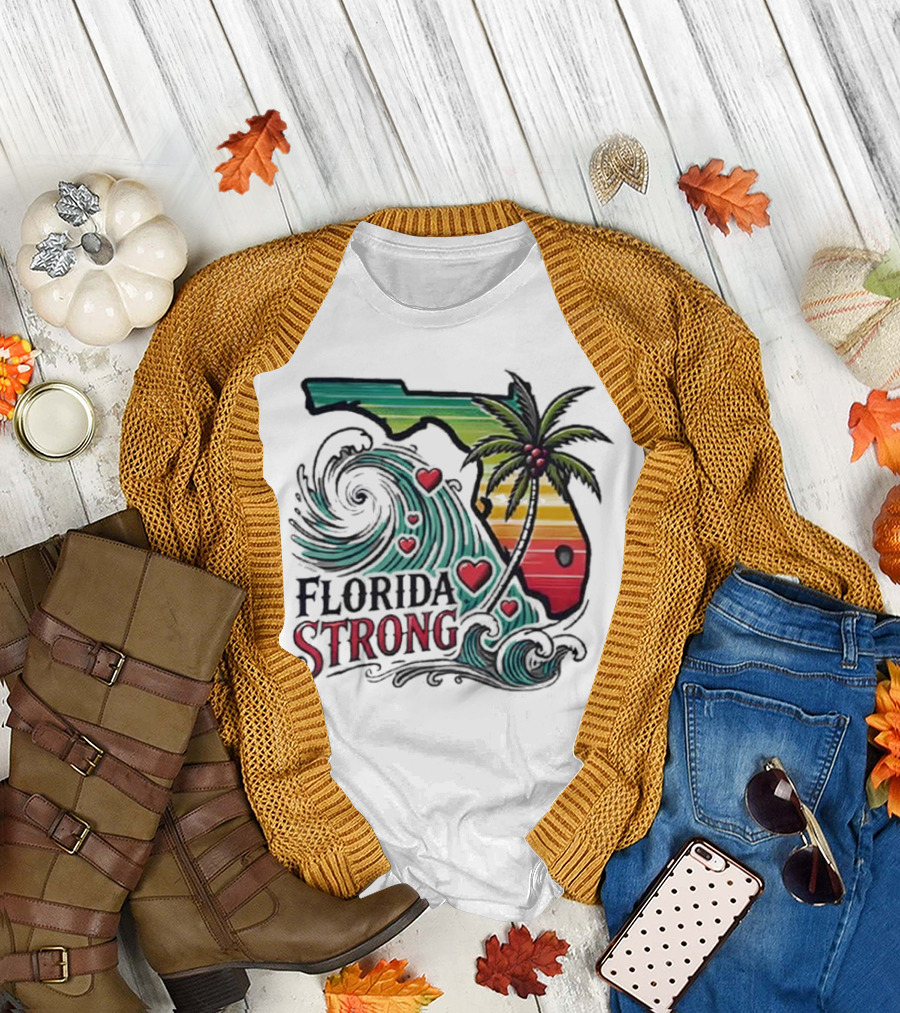 Womens Florida Strong State Outline with Palm Tree and Waves T-Shirt