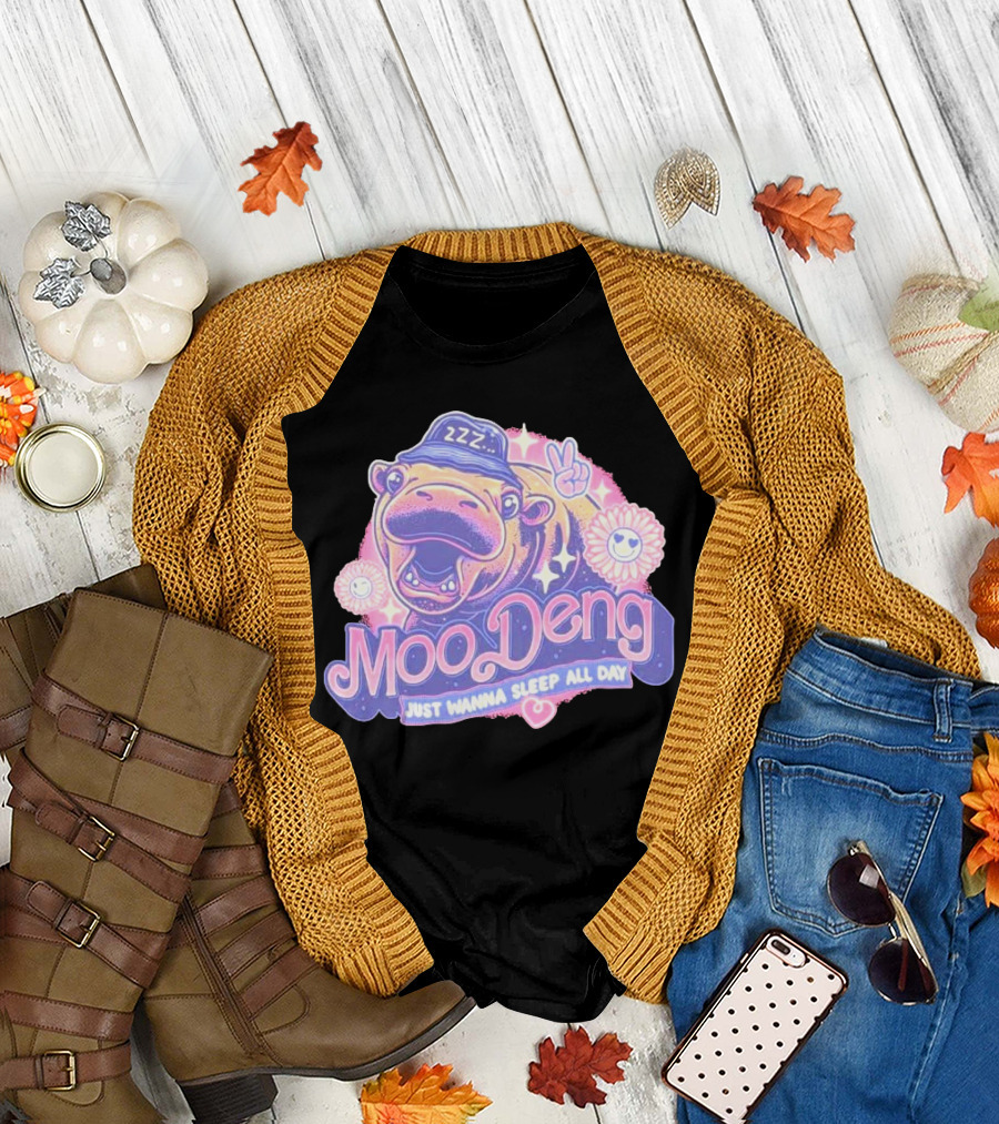 Moo Deng ZZZ Peaceful Sleep All Day with Flowers and Hearts T-Shirt
