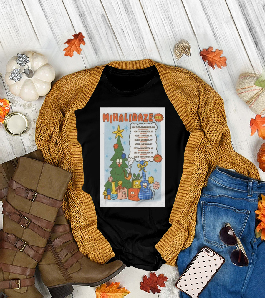 MIHALI DAZE 2024 Tour Dates Holiday Cartoon Christmas Tree and Wrapped Gifts T-Shirt