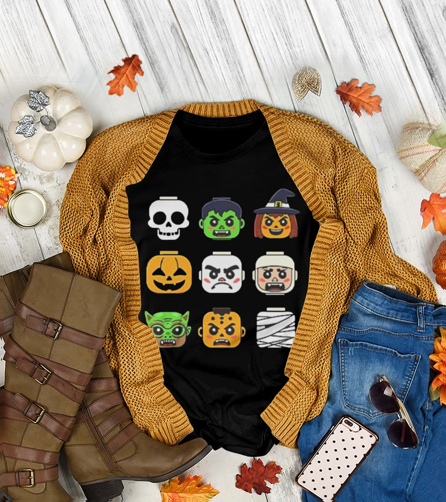 Halloween Zombie Ghost Pumpkin Witch Skull Mummy Building Block Head Boys T-Shirt