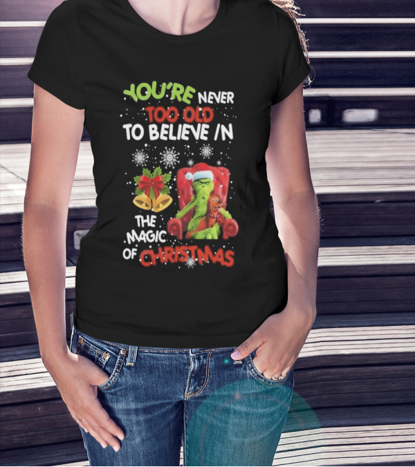 YOU'RE NEVER TOO OLD TO BELIEVE IN THE MAGIC OF CHRISTMAS GRINCH WITH MAX SITTING IN CHAIR SNOWFLAKES HOLIDAY BELLS AND BOW T-Shirt