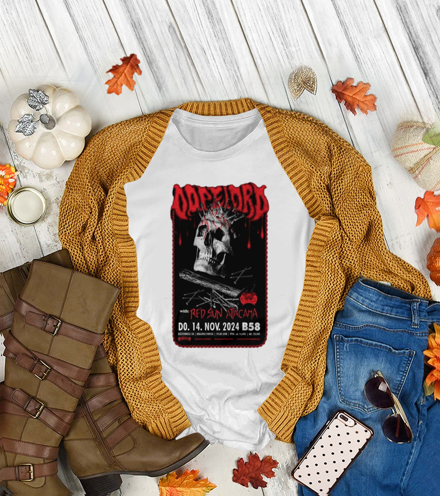 Dopelord with Red Sun Atacama Nov 14 2024 Jugendzentrum B58 Braunschweig Germany Skull Nails Cross Icons T-Shirt