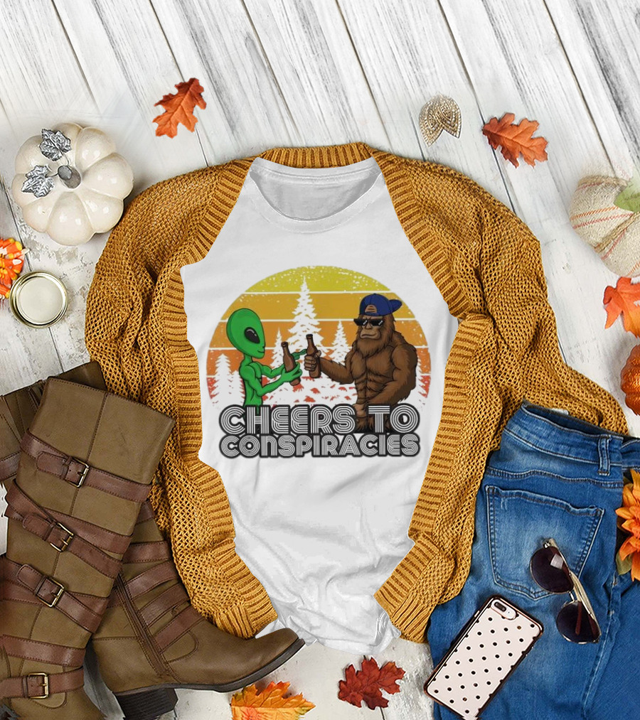 Alien and Bigfoot Cheers to Conspiracies in Retro Sunset Forest T-Shirt
