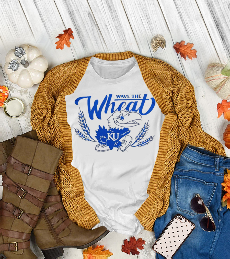 Kansas Jayhawks KU Wave the Wheat with Mascot and Wheat Stalks T-Shirt