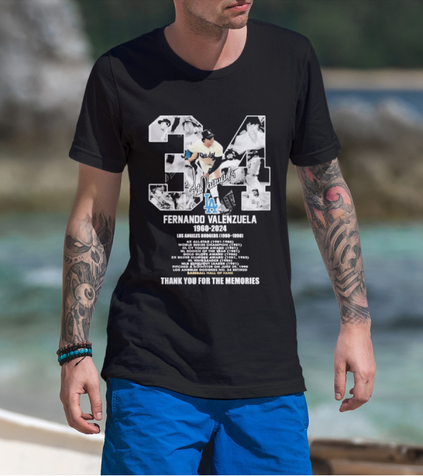 Fernando Valenzuela Los Angeles Dodgers 1980-1991 Baseball Hall Of Fame Thank You For The Memories 34 Signature T-Shirt