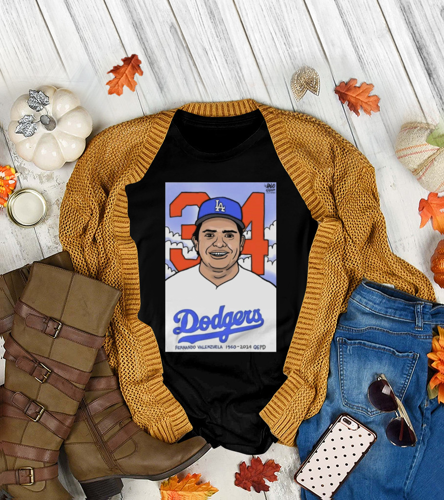 RIP Fernando Valenzuela 1960-2024 LA Dodgers QEPD Cartoon 34 T-Shirt