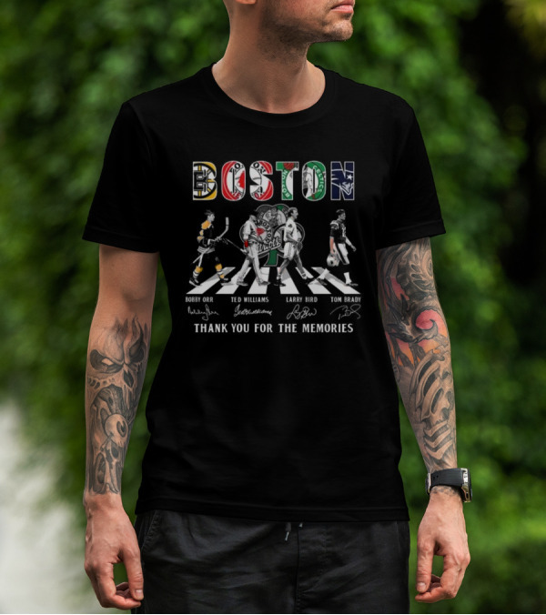 Boston Bruins Red Sox Celtics Patriots Bobby Orr Ted Williams Larry Bird Tom Brady Thank You For The Memories T-Shirt