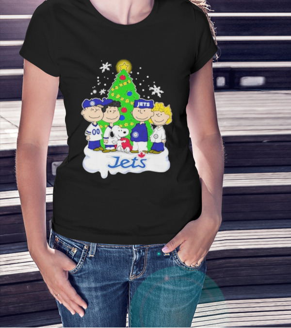 Winnipeg Jets Peanuts Characters Christmas Tree Snoopy Snowflakes T-Shirt
