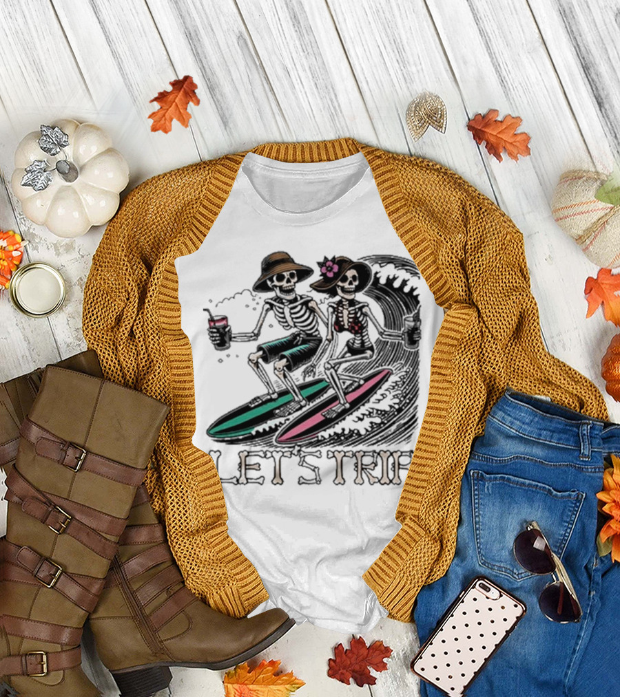 Let’s Trip Skeleton Surf Beach Vibes Retro Skeletons Surfing Waves T-Shirt