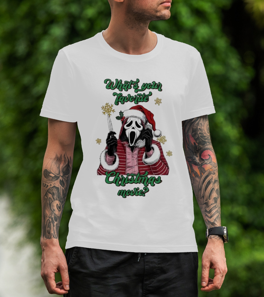 What’s Your Favorite Christmas Movie Santa Skeleton Ghost Face Costume T-Shirt
