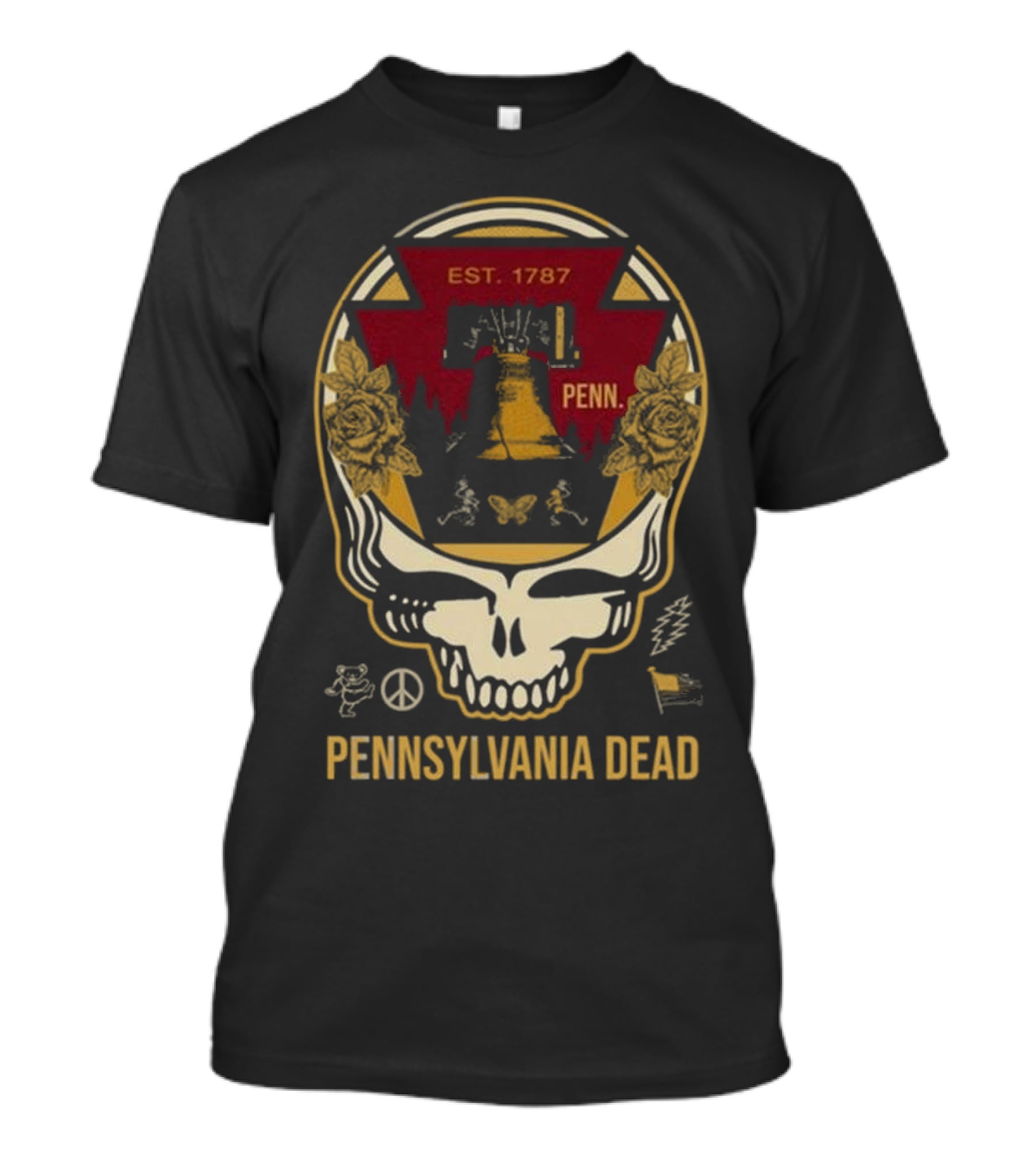 Pennsylvania Dead Est. 1787 Penn Skull With Liberty Bell And Roses T-Shirt