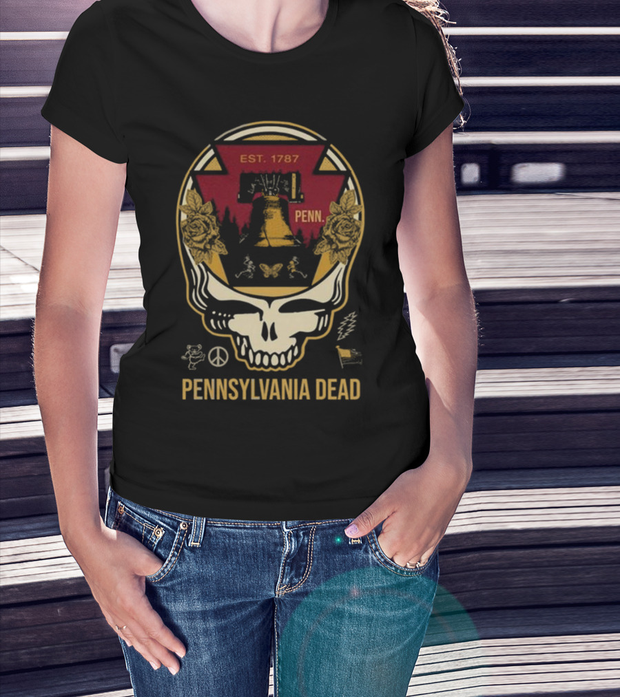 Pennsylvania Dead Est. 1787 Penn Skull With Liberty Bell And Roses T-Shirt