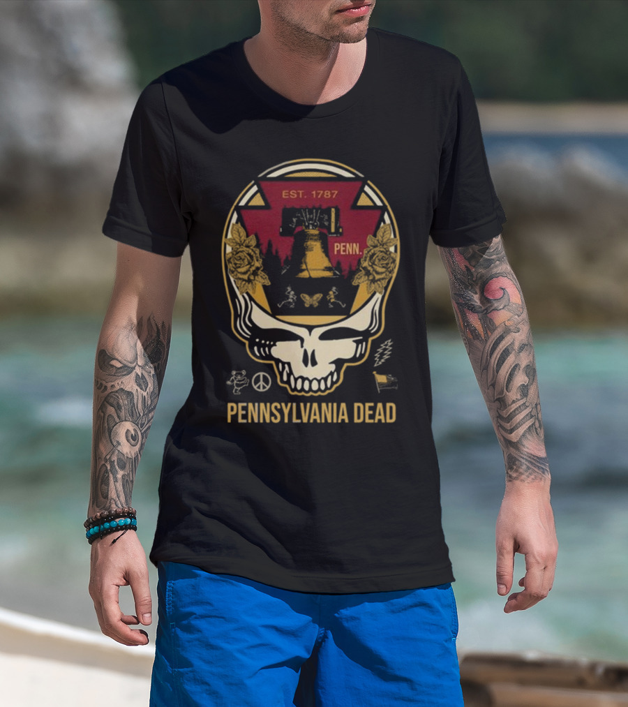 Pennsylvania Dead Est. 1787 Penn Skull With Liberty Bell And Roses T-Shirt