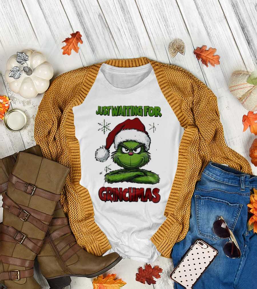 Just Waiting for Grinchmas 2024 Grinch Santa Hat T-Shirt