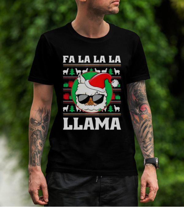 Fa La La La Llama Christmas Ugly Sweater Santa Hat Sunglasses T-Shirt