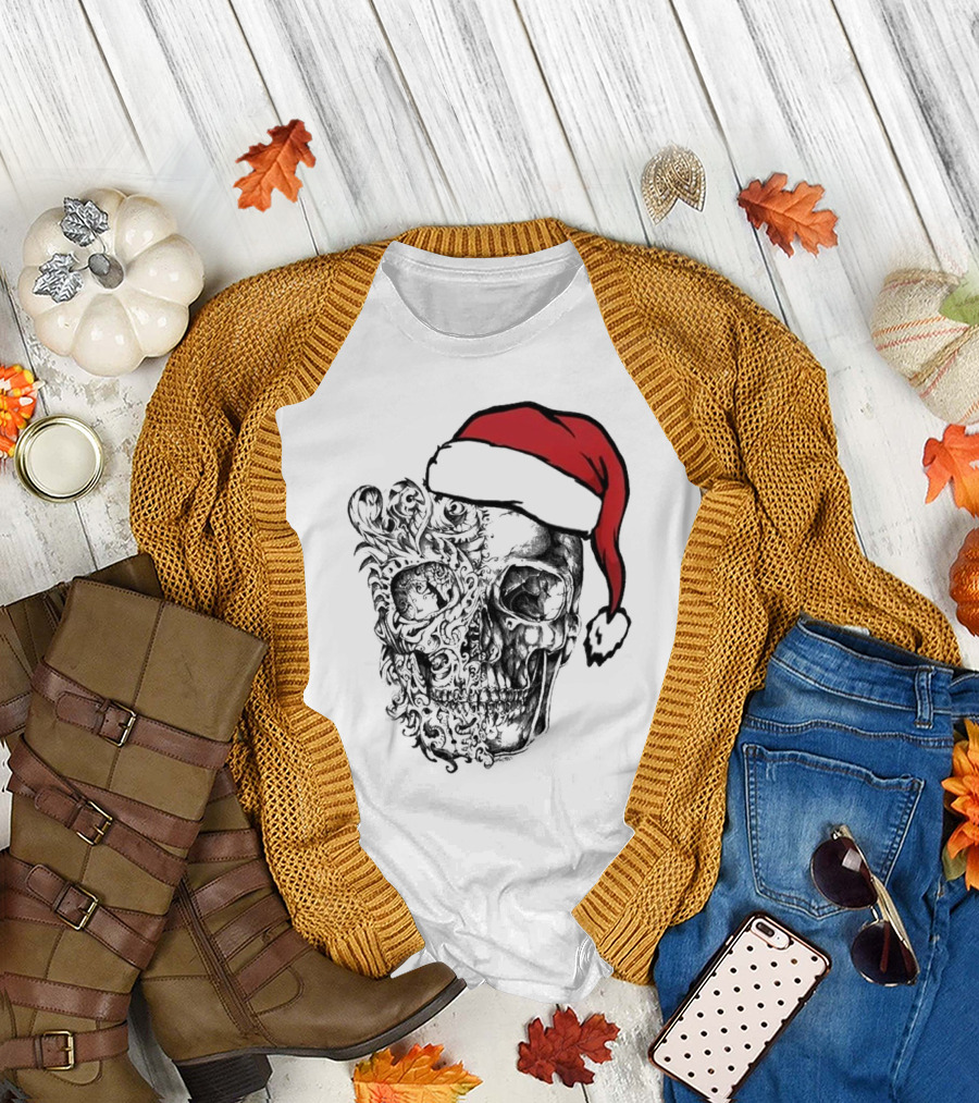 Deck The Halls With Skulls And Bodies Santa Hat Christmas Skull T-Shirt