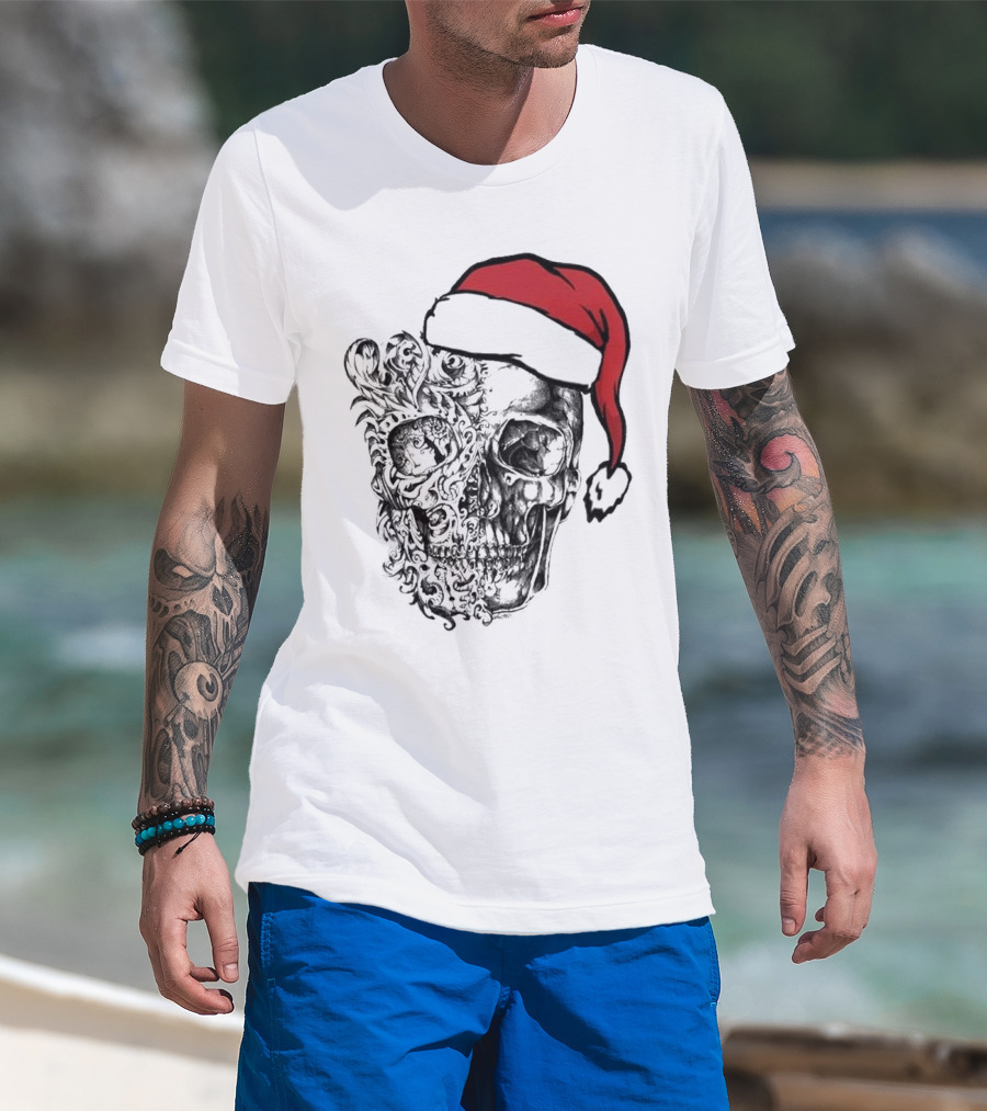 Deck The Halls With Skulls And Bodies Santa Hat Christmas Skull T-Shirt