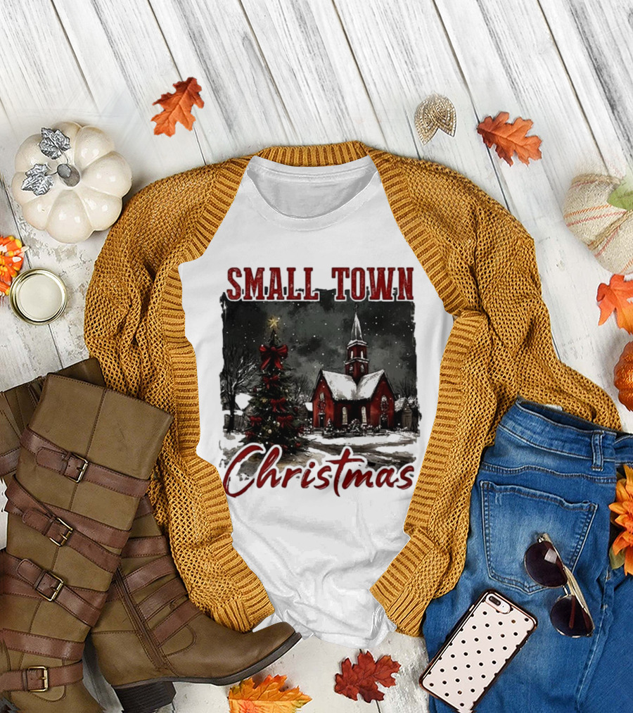 Vintage Retro Small Town Christmas Church Scene T-Shirt