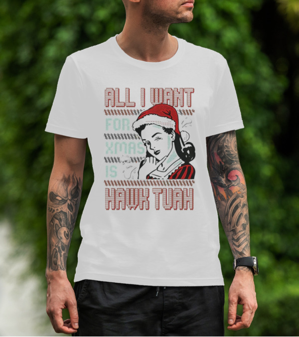 All I Want For Xmas Is Hawk Tuah Retro Style Ugly Christmas T-Shirt