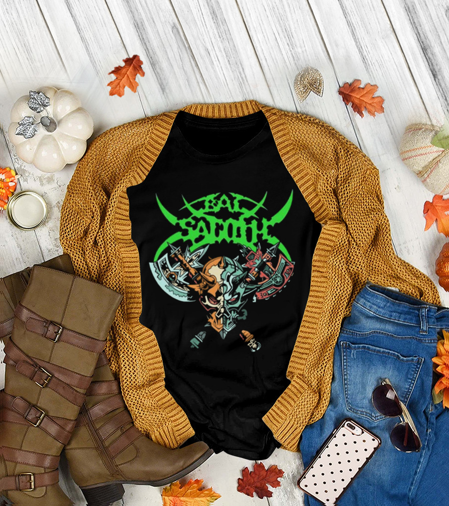 Bal-Sagoth Sigil Dual Skull with Swords and Axes Green and Red T-Shirt