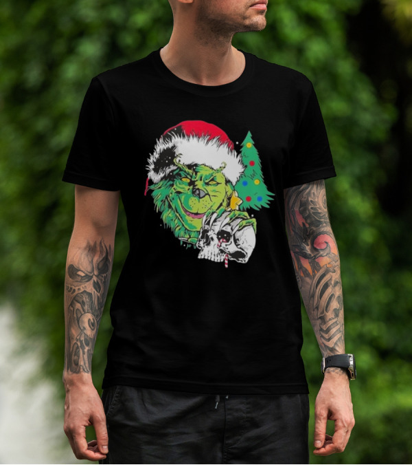 Grinch Santa Hat Skull Christmas Tree Scene T-Shirt