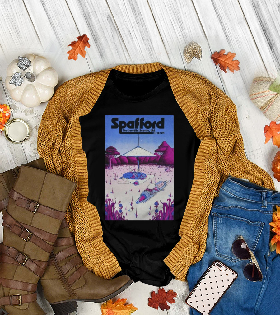 Spafford The Crocodile Seattle WA 11/10/24 Futuristic Landscape with Purple Trees and Spaceships T-Shirt
