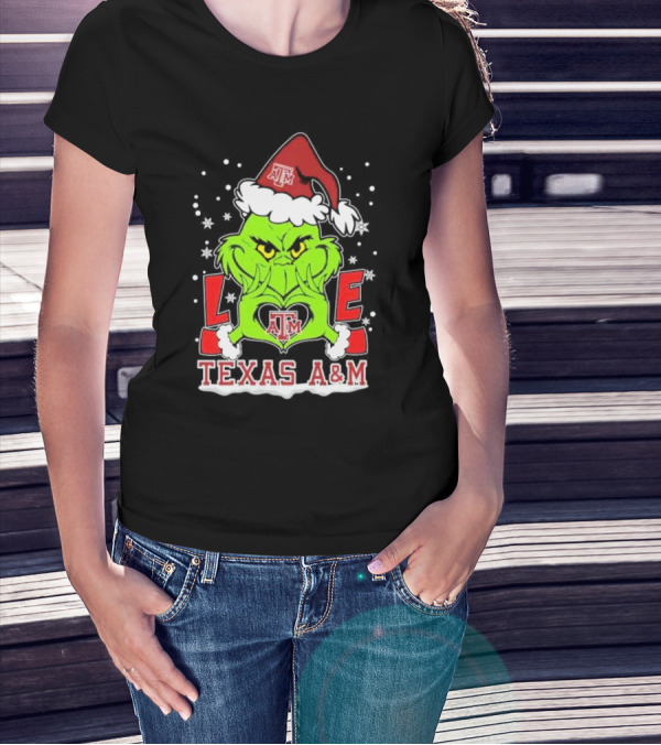 Grinch Heart Hands Love Texas A&M Aggies Christmas Santa Hat T-Shirt