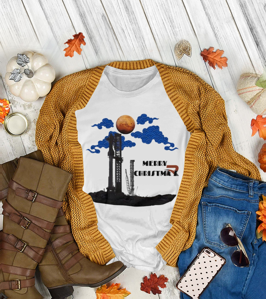 Merry Christmas Mars Rocket Mars Planet Blue Clouds T-Shirt