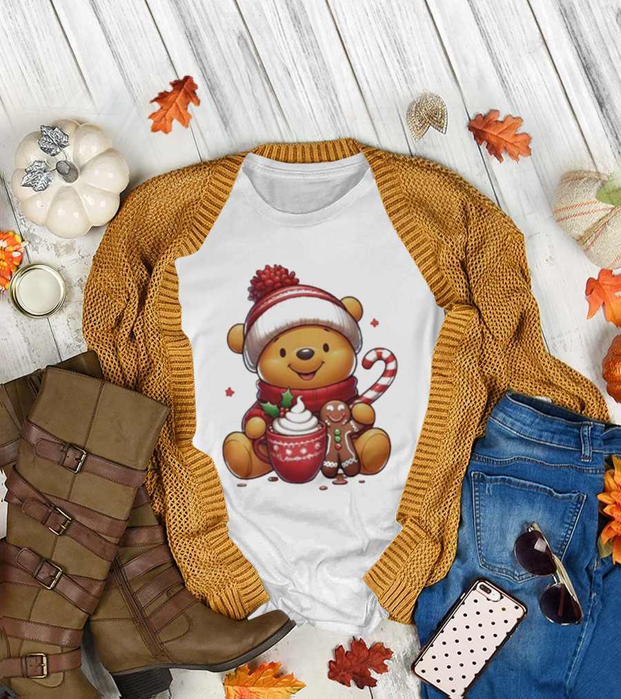 Winnie The Pooh Holiday Cozy Cocoa and Candy Cane Christmas T-Shirt