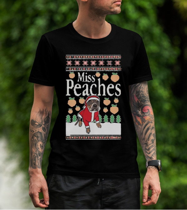 Miss Peaches Christmas Dog With Peaches And Christmas Trees T-Shirt