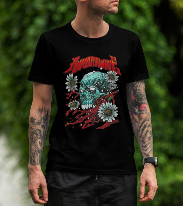 Aurora Wave Skull With Flowers And Red Vines T-Shirt