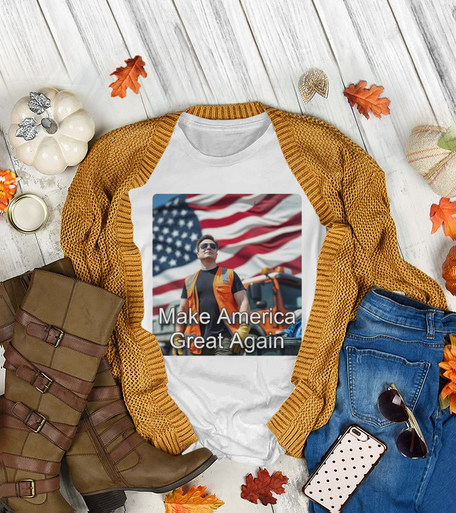 Make America Great Again Elon Musk in Orange Vest with American Flag Background T-Shirt