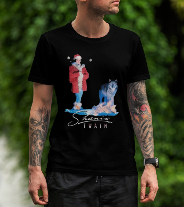 Shania Twain Holiday Santa Wolf Winter Scene T-Shirt