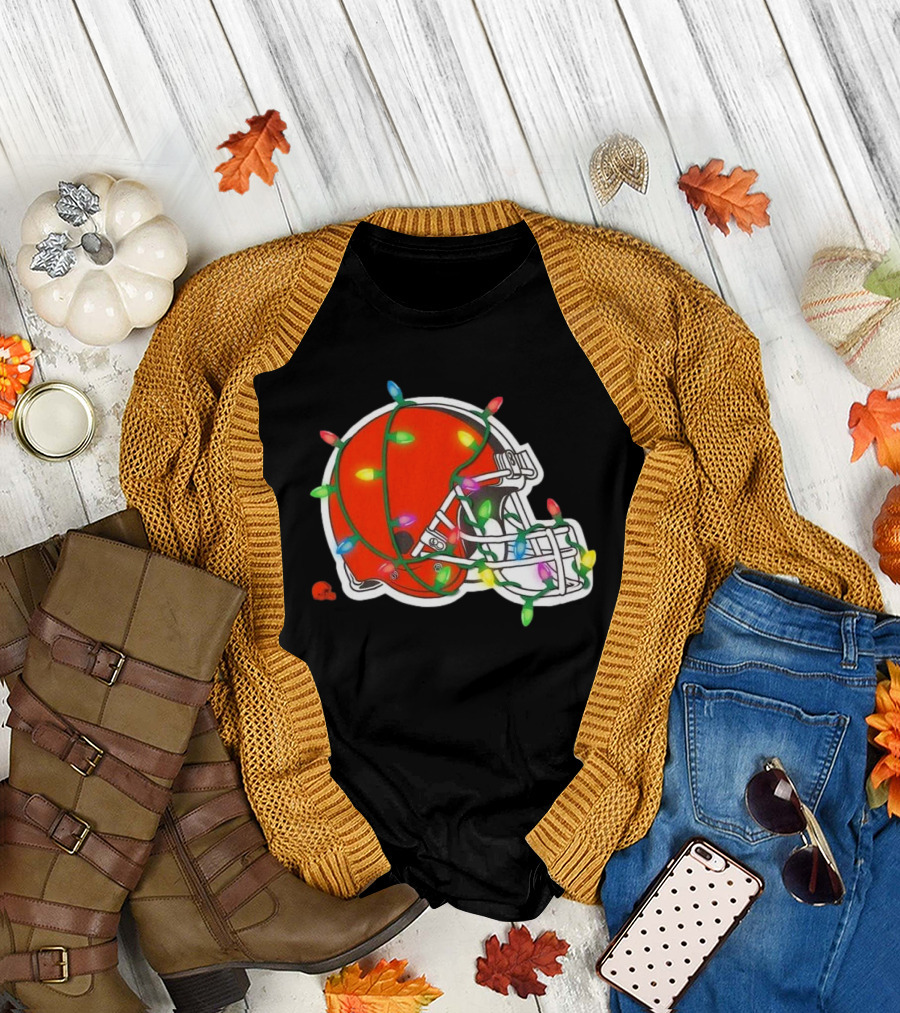 Cleveland Browns Helmet Wrapped in Holiday Lights T-Shirt