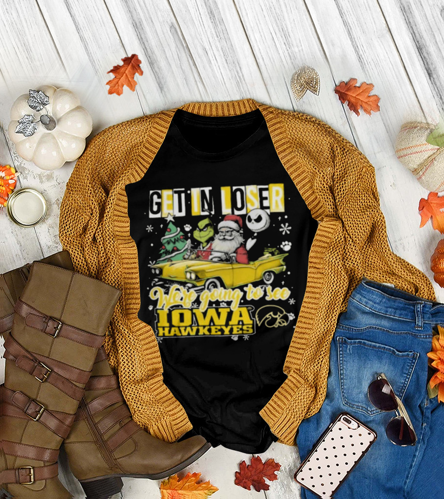 Get In Loser Santa Grinch Jack Skellington Driving To Iowa Hawkeyes Christmas T-Shirt
