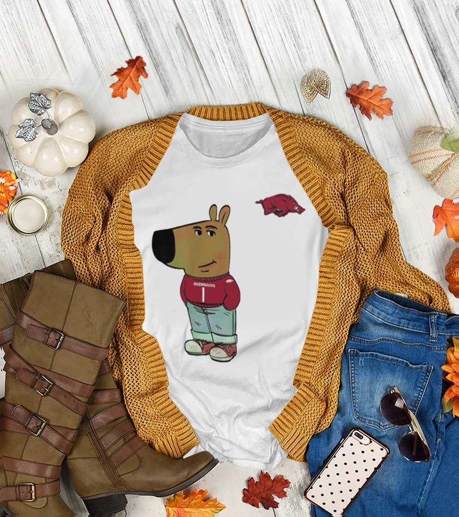 Arkansas Razorbacks Chill Guy Mascot with Cartoon Character in Red Sweater and Jeans T-Shirt