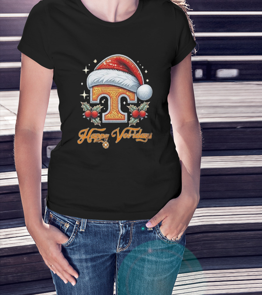 Happy Vol-idays Santa Hat T With Holly And Stars T-Shirt