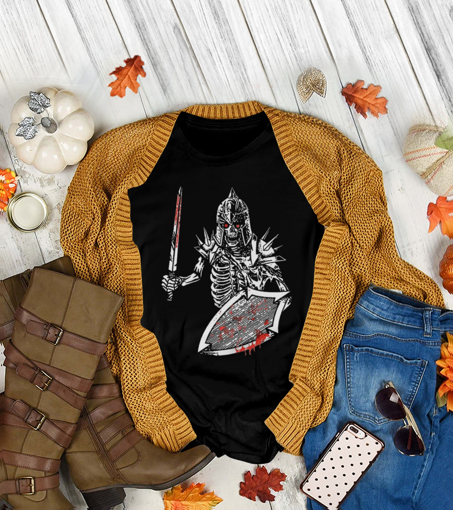 Gatecreeper Bloody Skeleton Warrior with Blood-Soaked Sword and Shield T-Shirt