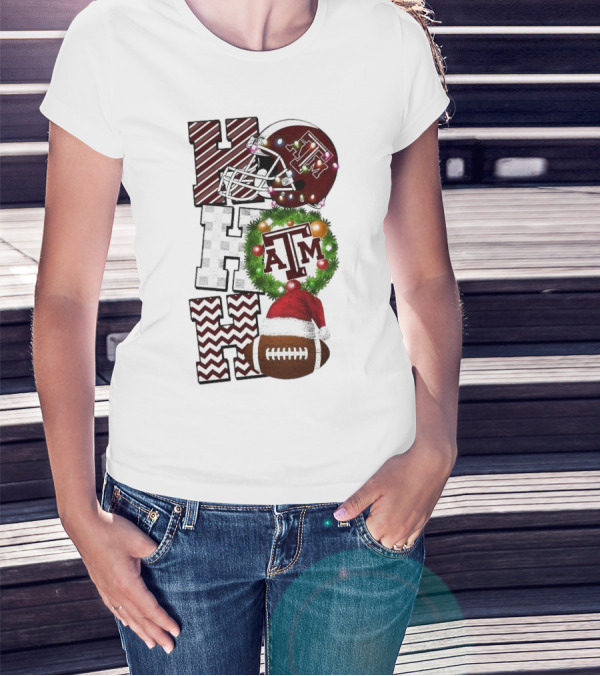 Texas A M Aggies Football Christmas Ho Ho Ho ATM Helmet Wreath Football T-Shirt