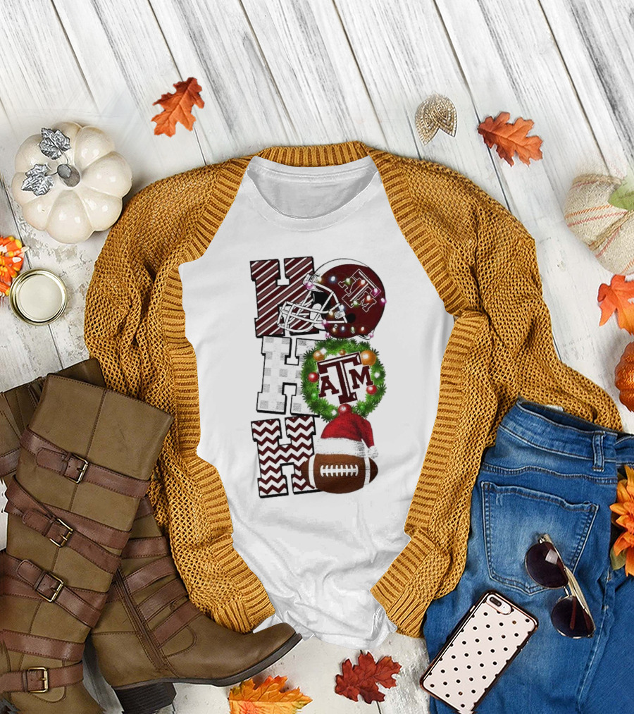 Texas A M Aggies Football Christmas Ho Ho Ho ATM Helmet Wreath Football T-Shirt