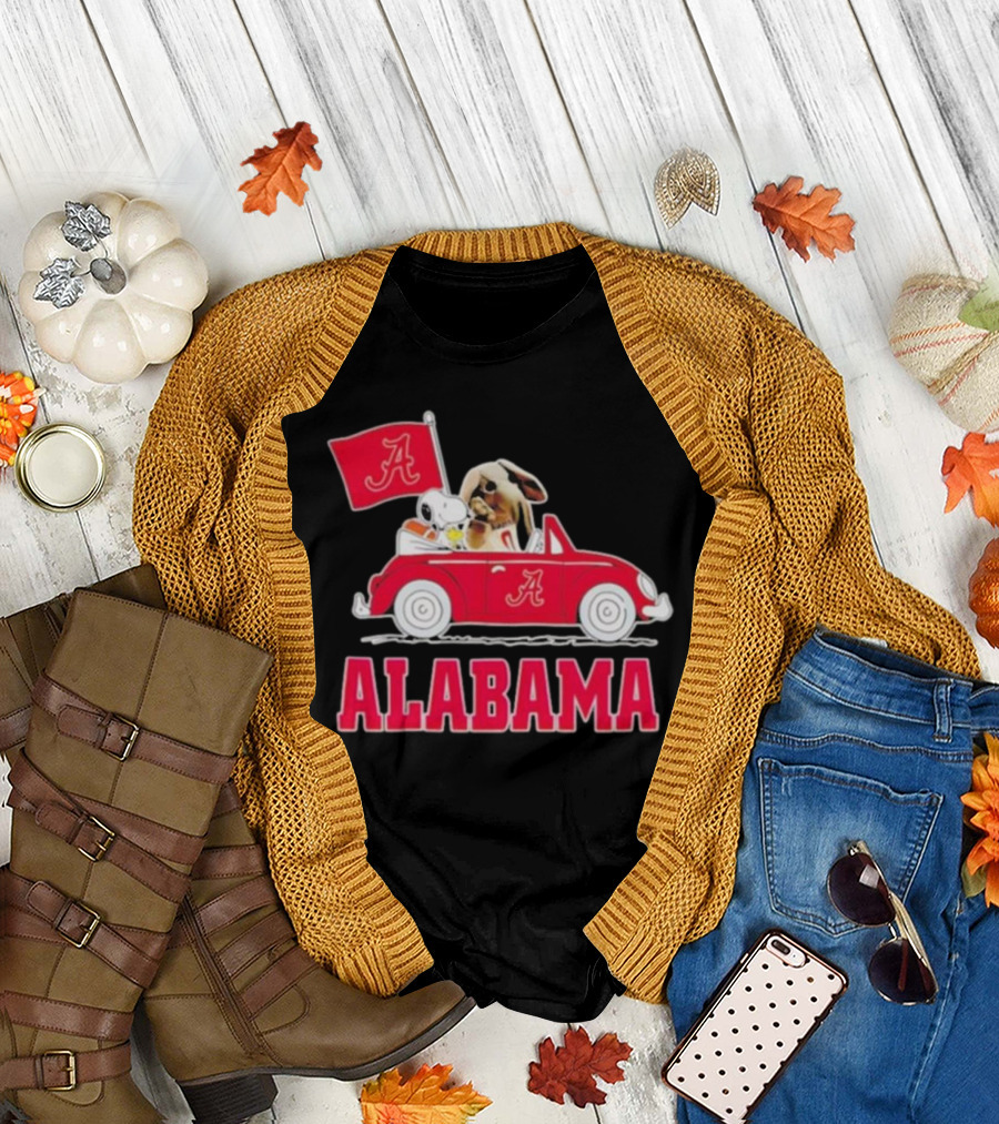 Snoopy and Big Al Driving Red Car with Alabama Flag Crimson Tide T-Shirt