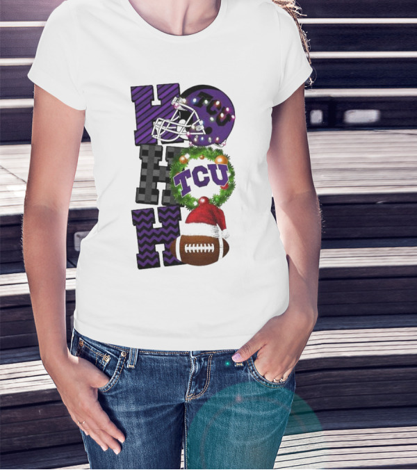 TCU Horned Frogs Football Christmas Ho Ho Ho Helmet And Wreath Game Day T-Shirt