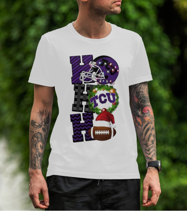 TCU Horned Frogs Football Christmas Ho Ho Ho Helmet And Wreath Game Day T-Shirt
