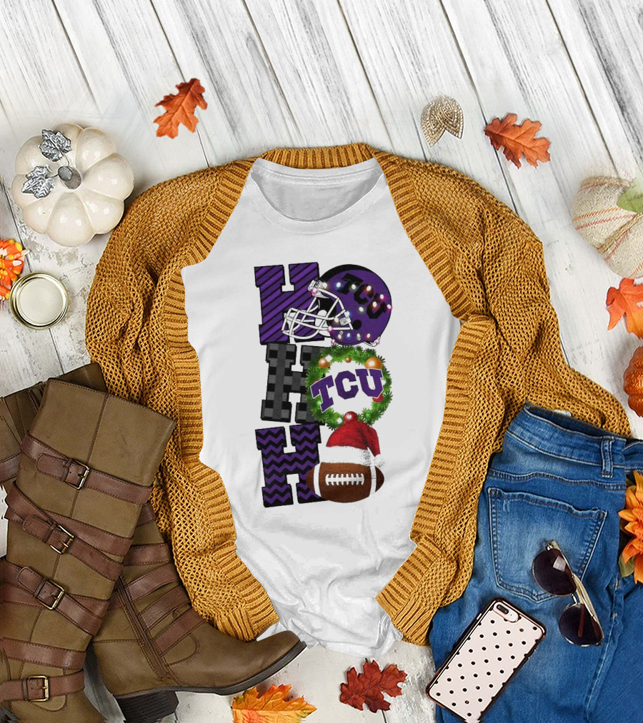 TCU Horned Frogs Football Christmas Ho Ho Ho Helmet and Wreath Game Day T-Shirt
