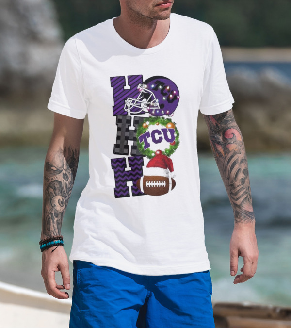 TCU Horned Frogs Football Christmas Ho Ho Ho Helmet And Wreath Game Day T-Shirt