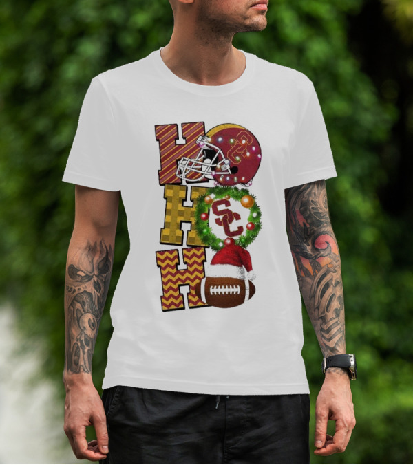 USC Trojans Football Christmas Ho Ho Ho SC Festive Helmet Wreath Game Day T-Shirt