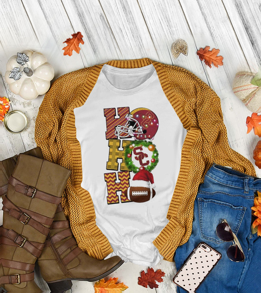 USC Trojans Football Christmas Ho Ho Ho SC Festive Helmet Wreath Game Day T-Shirt